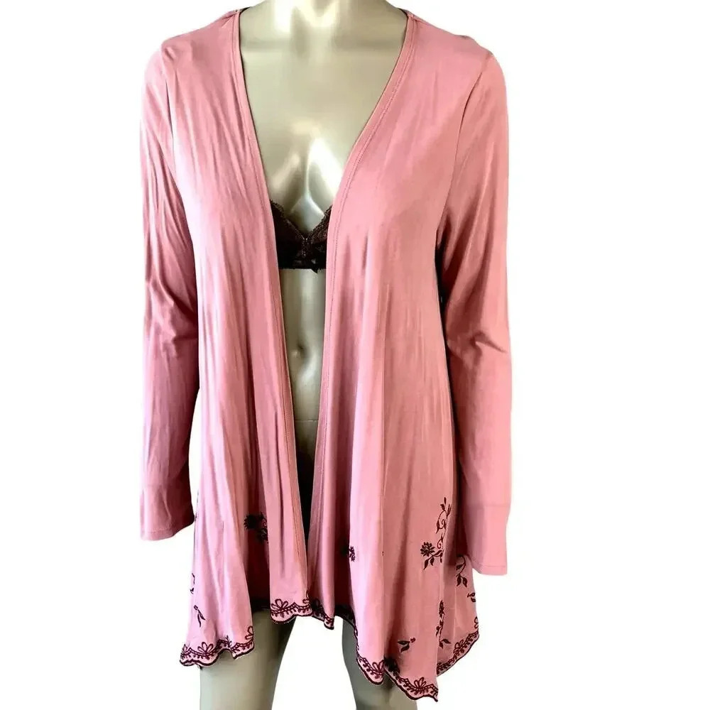 Mi ami Francescas Asymmetrical Embroidered Open Cardigan Tunic Sweater  M Rose